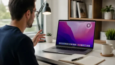 Person using dictation on Mac while speaking to a MacBook at a desk