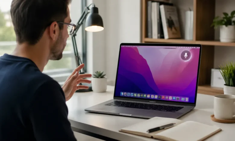 How to Use Dictation on Mac: Full Setup Guide 1 Person using dictation on Mac while speaking to a MacBook at a desk