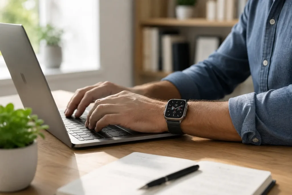 Aluminum vs Titanium Apple Watch: Which One Should You Buy? 4 Person wearing titanium Apple Watch in a home office setting