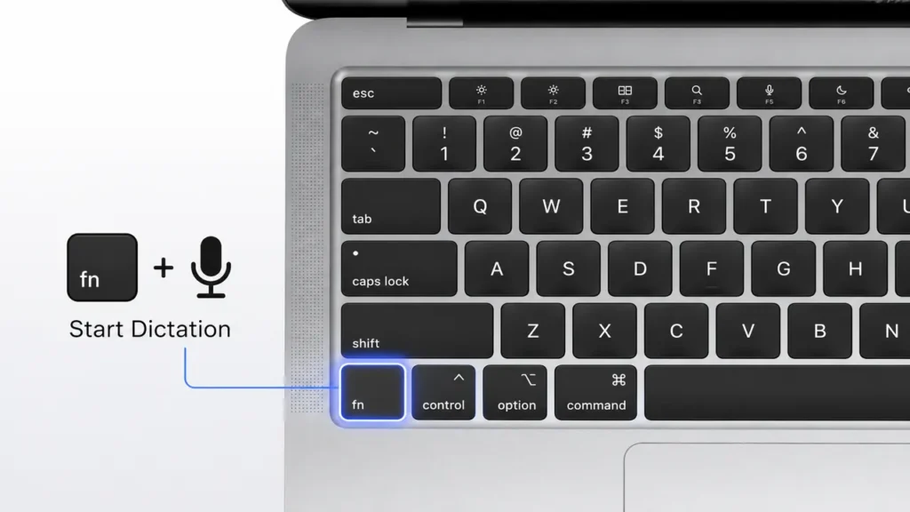 How to Use Dictation on Mac: Full Setup Guide 2 MacBook Fn key used to activate dictation on Mac