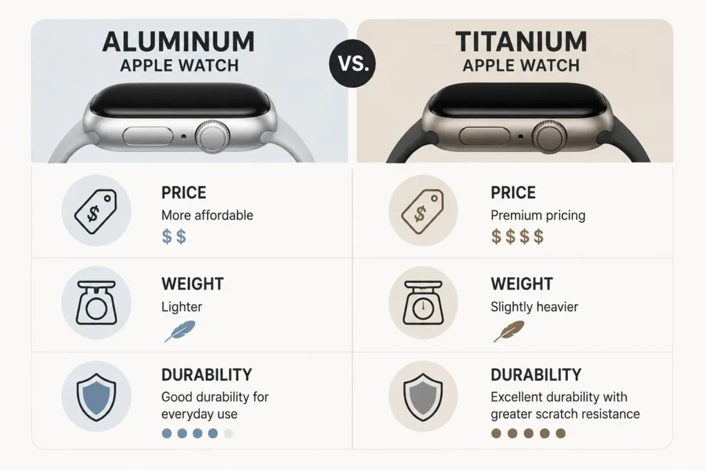 Aluminum vs Titanium Apple Watch: Which One Should You Buy? 3 Infographic comparing aluminum and titanium Apple Watch price, weight, and durability