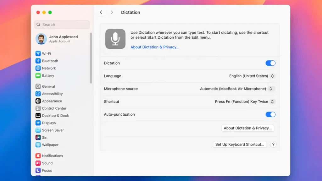 How to Use Dictation on Mac: Full Setup Guide 3 macOS Dictation settings panel for changing language and shortcut