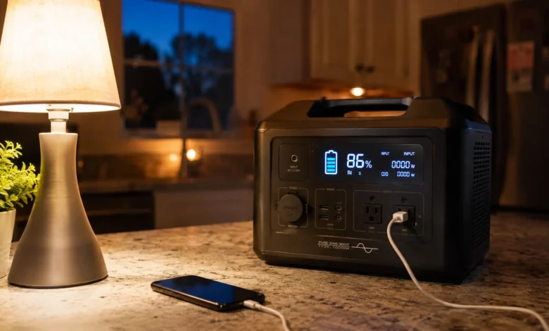 Best portable power station powering a lamp and phone during a home outage