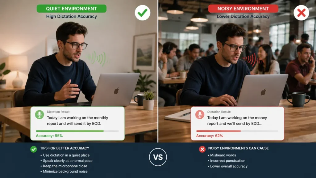 How to Use Dictation on Mac: Full Setup Guide 4 Comparison of quiet and noisy environments affecting dictation on Mac