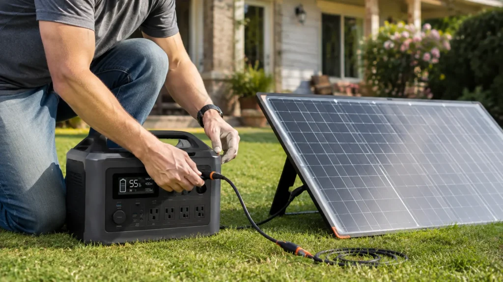 Solar panel connected to the best portable power station for recharging