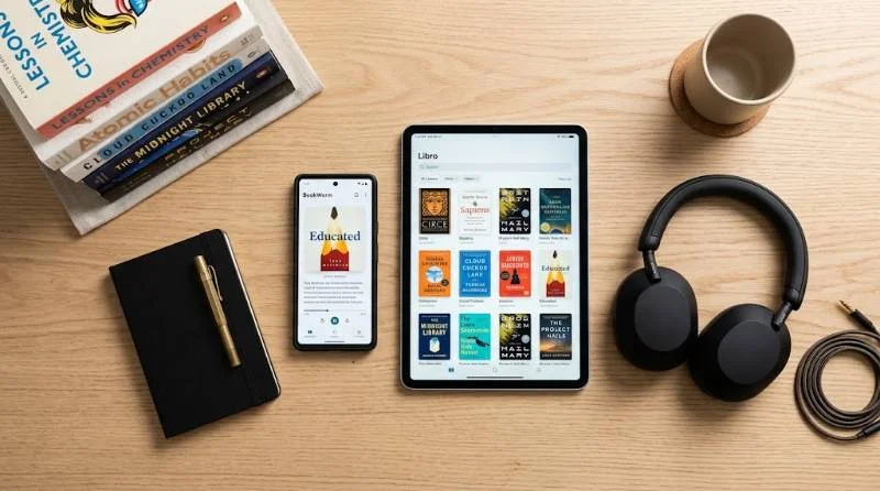 Best Apps For Reading: Top Picks For Every Type oF Reader 4 Phone, tablet, and headphones showing a stack of the best apps for reading and listening