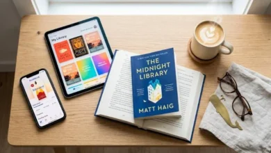 Smartphone and tablet displaying the best apps for reading next to a paperback book and coffee