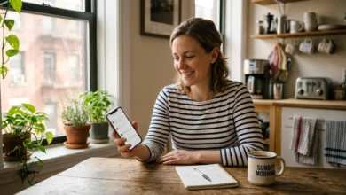Woman comparing Twitter alternatives on her phone at a kitchen table