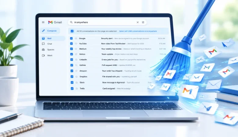 How to Delete All Mails in Gmail at Once 1 Laptop showing a Gmail inbox being cleared, illustrating how to delete all mails in Gmail
