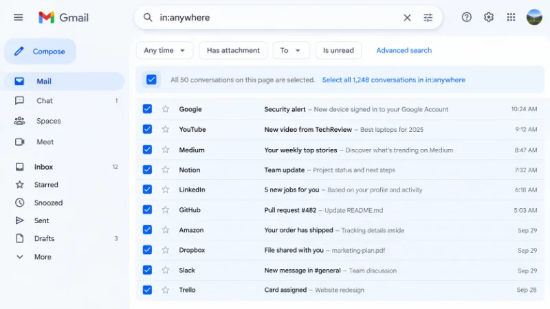 How to Delete All Mails in Gmail at Once 2 Gmail search bar showing in:anywhere, a step in how to delete all mails in Gmail
