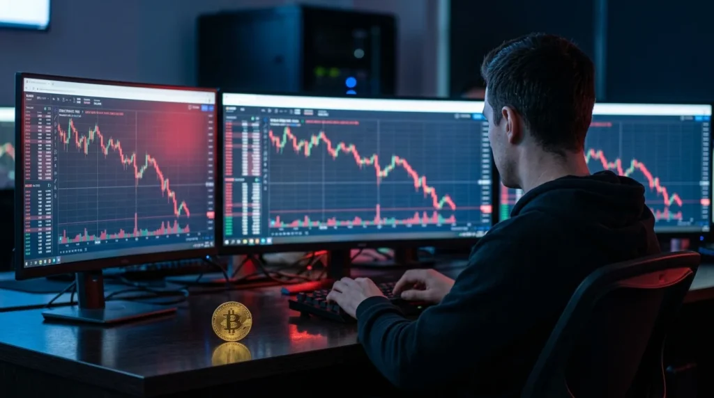 Trader watching a falling Bitcoin price chart on multiple screens during a crypto sell-off