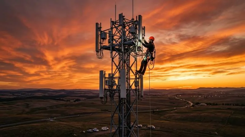 Technician repairing a cell tower, one reason why is Verizon down for local customers