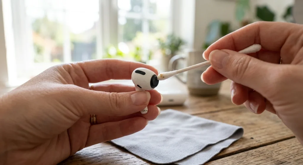 Why Is One AirPod Louder Than the Other? Causes and Fixes 4 Cleaning an AirPod mesh to fix why is one AirPod louder than the other