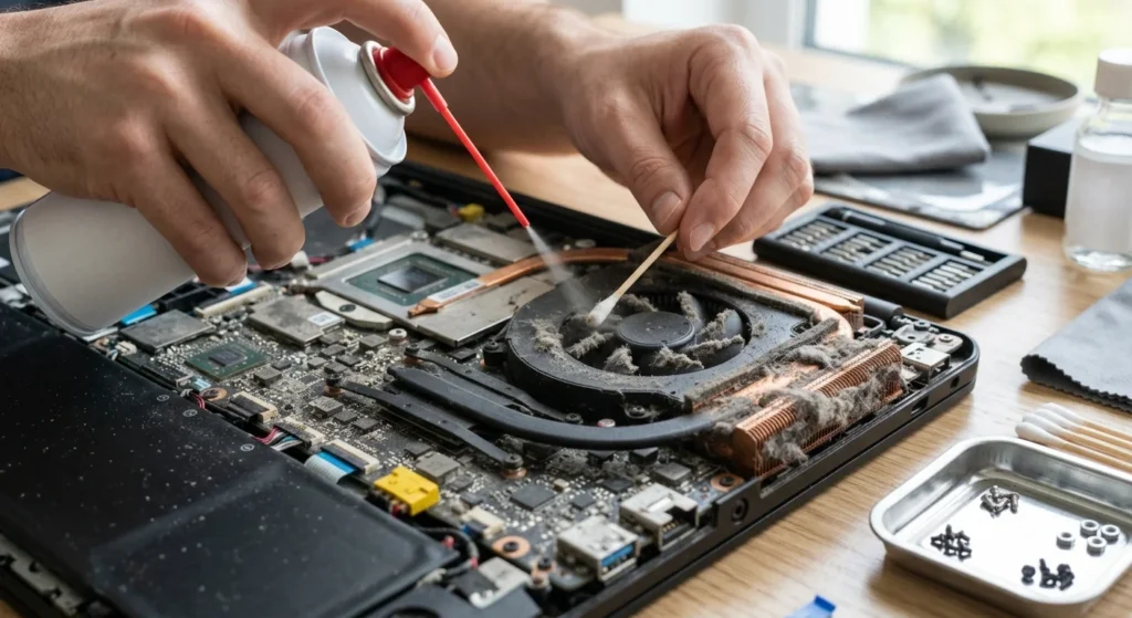 person cleaning a laptop fan with compressed air while holding the blade still with a cotton swab