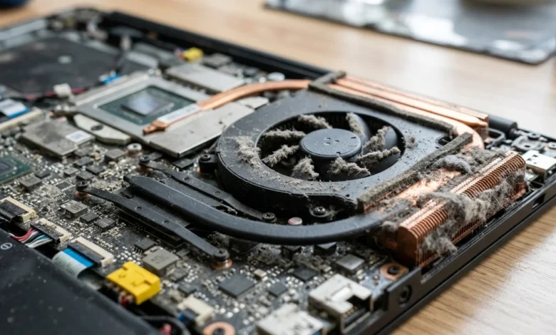 dust clogged laptop fan and heat sink fins inside an opened laptop