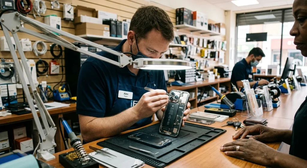 Why Is My Face ID Not Working? Easy Fixes 4 Technician checking an iPhone for why is my Face ID not working hardware issues