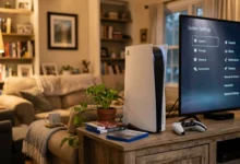 PS5 console beside a TV showing the settings menu used for how to factory reset PS5