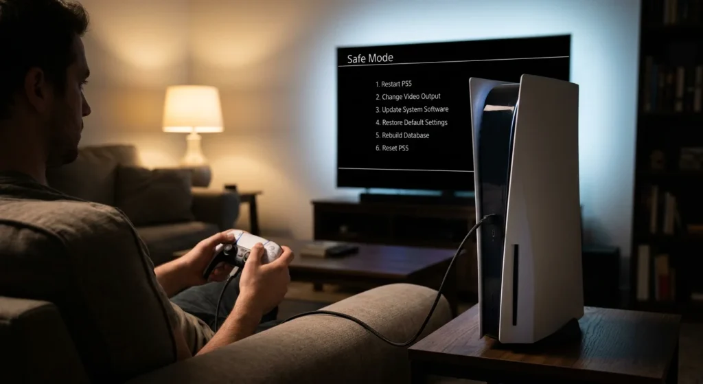 How to Factory Reset PS5: Every Method Explained 4 Wired DualSense controller connected to a PS5 in Safe Mode while learning how to factory reset PS5