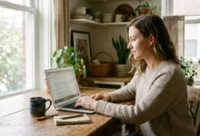 Woman reviewing her search results to polish online presence at home