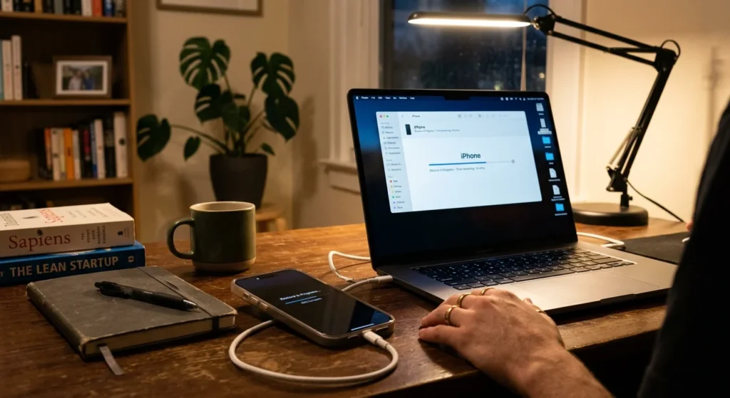 How to Restore iPhone From Backup: iCloud and Computer 3 iPhone connected to a laptop to restore iPhone from backup with a cable