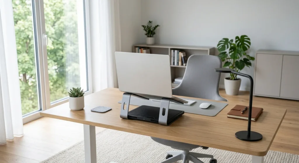 laptop on a cooling stand on a clean desk to keep vents clear and prevent overheating