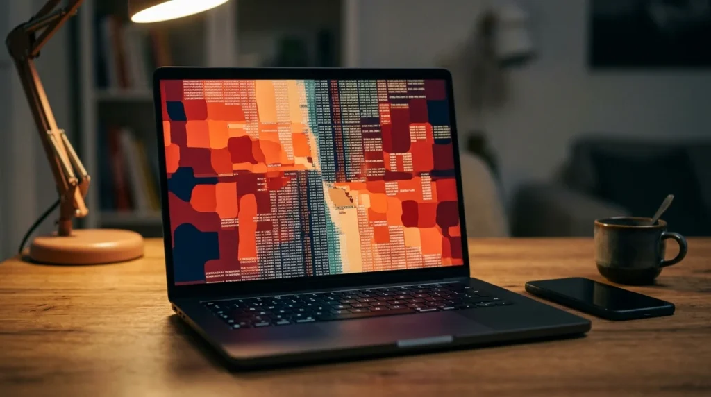Close-up of a laptop screen showing a red liquidation heatmap and cryptocurrency exchange order data
