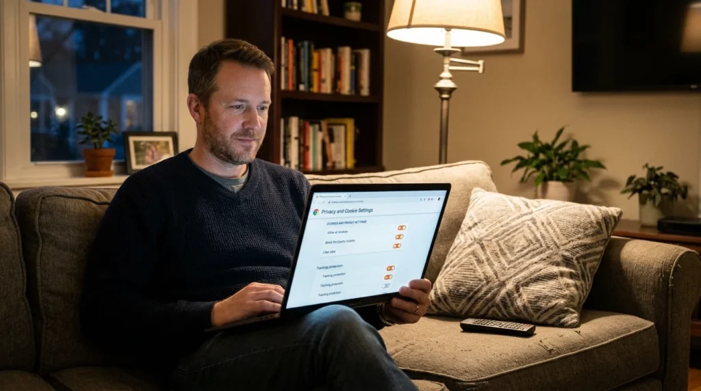 Man adjusting browser settings to control a cookie on a website
