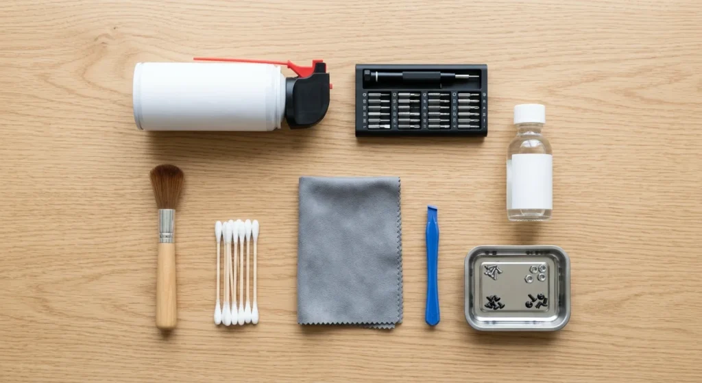 tools needed to clean a laptop fan including compressed air, screwdriver set, brush, and cotton swabs