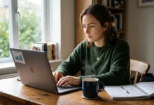 Woman studying what is a neural network with a laptop and handwritten notes at a home desk