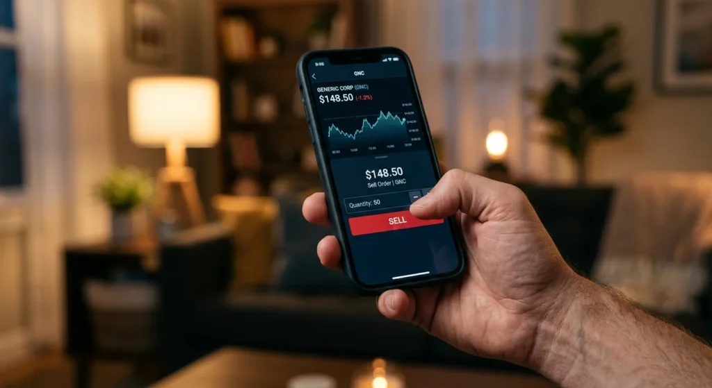 Brokerage app on a phone showing ETF selling, a factor in why is bitcoin dropping
