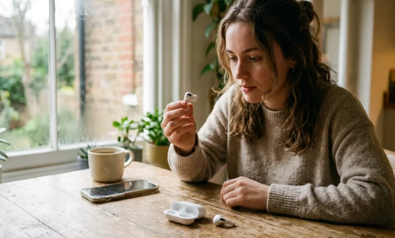 Why Is One AirPod Louder Than the Other? Causes and Fixes 1 Person inspecting an AirPod to find out why is one AirPod louder than the other