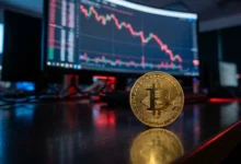 Gold XRP coin standing in front of a red falling price chart on a trading monitor