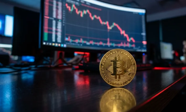 Gold XRP coin standing in front of a red falling price chart on a trading monitor