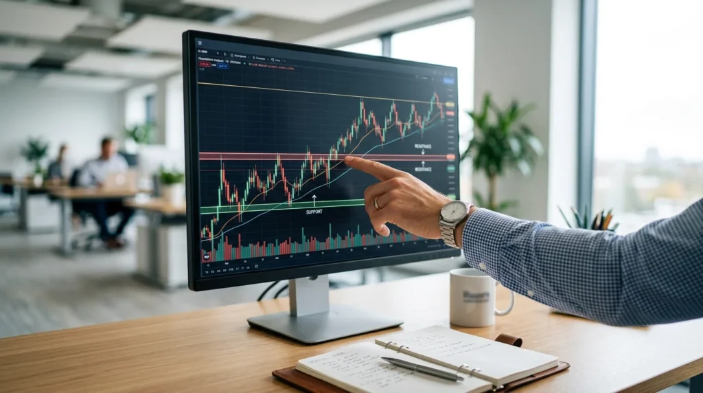 Analyst marking support and resistance levels on a crypto price chart displayed on a large monitor
